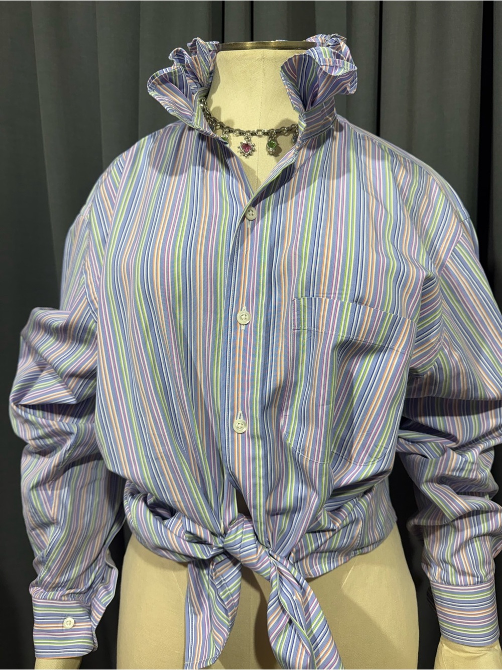 Upcycled Ruffled Collar Brooks Brothers Pastel Striped Button-Down Shirt